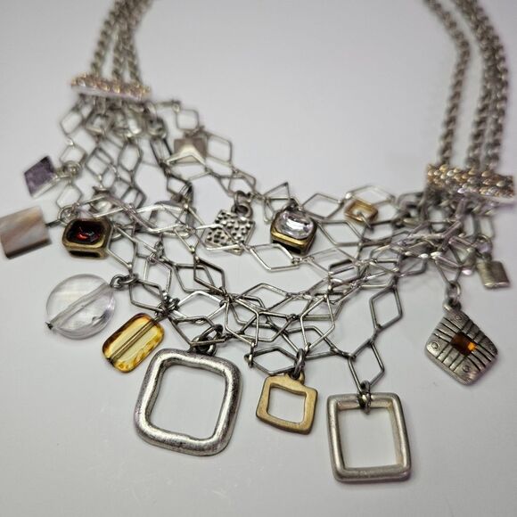 Vintage Chico's Multi-Strand Rhinestone Charm Chunky Silver Tone Necklace - Picture 2 of 9